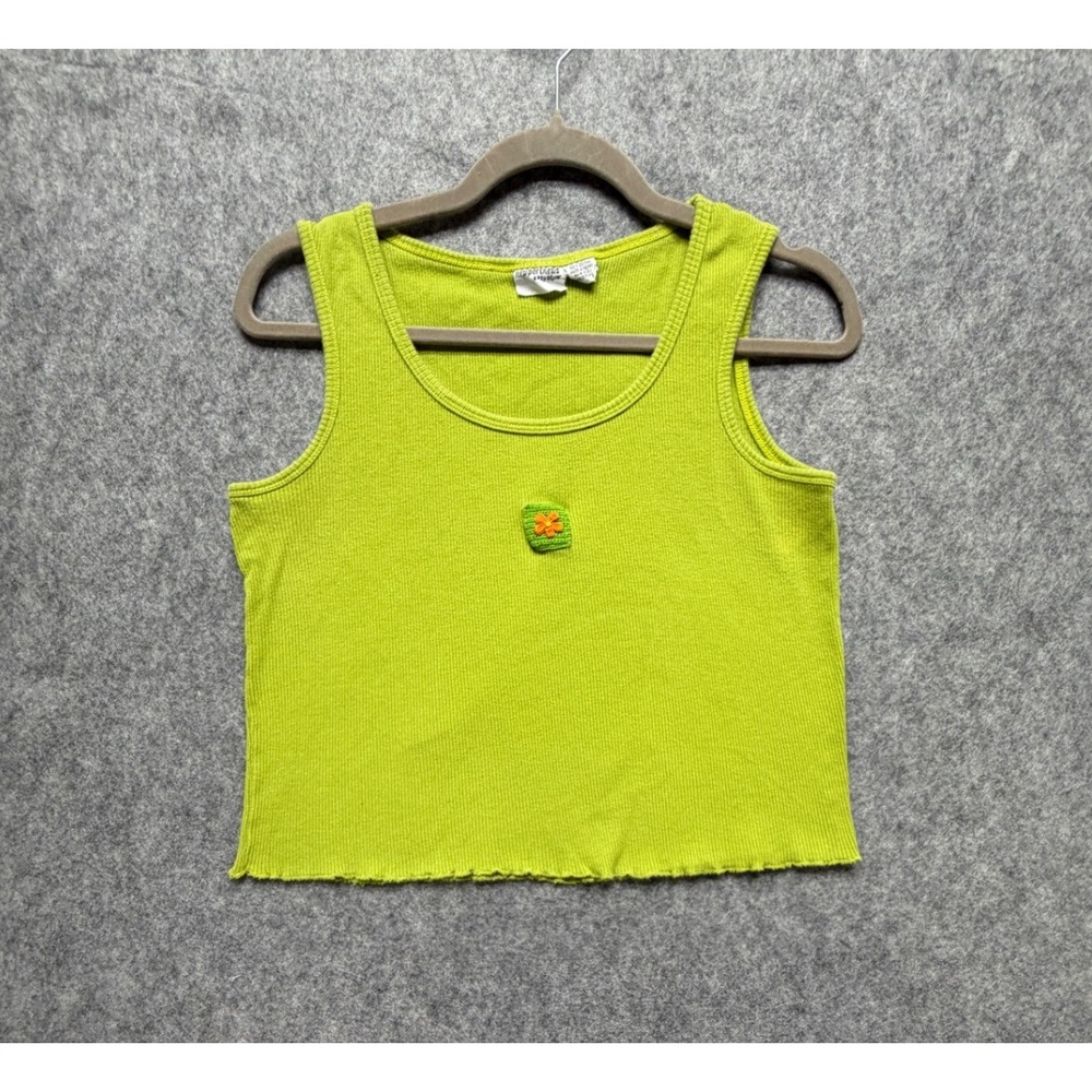 Newport News Easy Style Lime Green Ribbed Tank Top Crochet Flower Y2K Small?